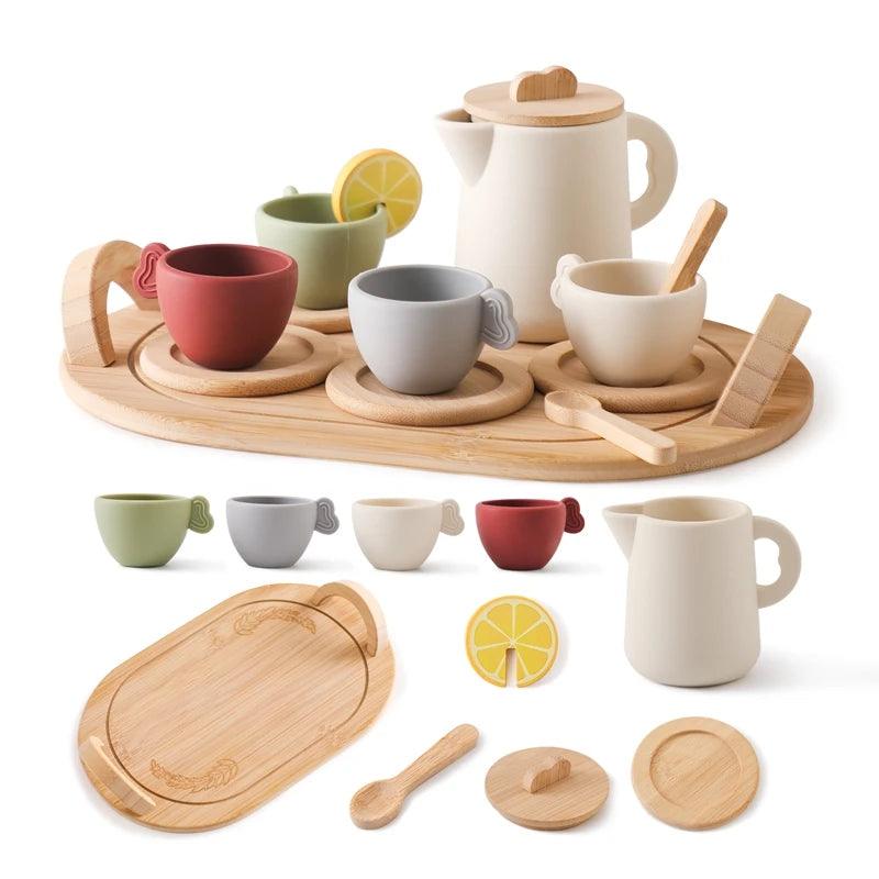 Wooden Children Montessori Toy Teapot Teacup Simulation Kitchen Utensil  BPA Free Silicone Kid Education Pretend Play Toy Gift - Mandhi